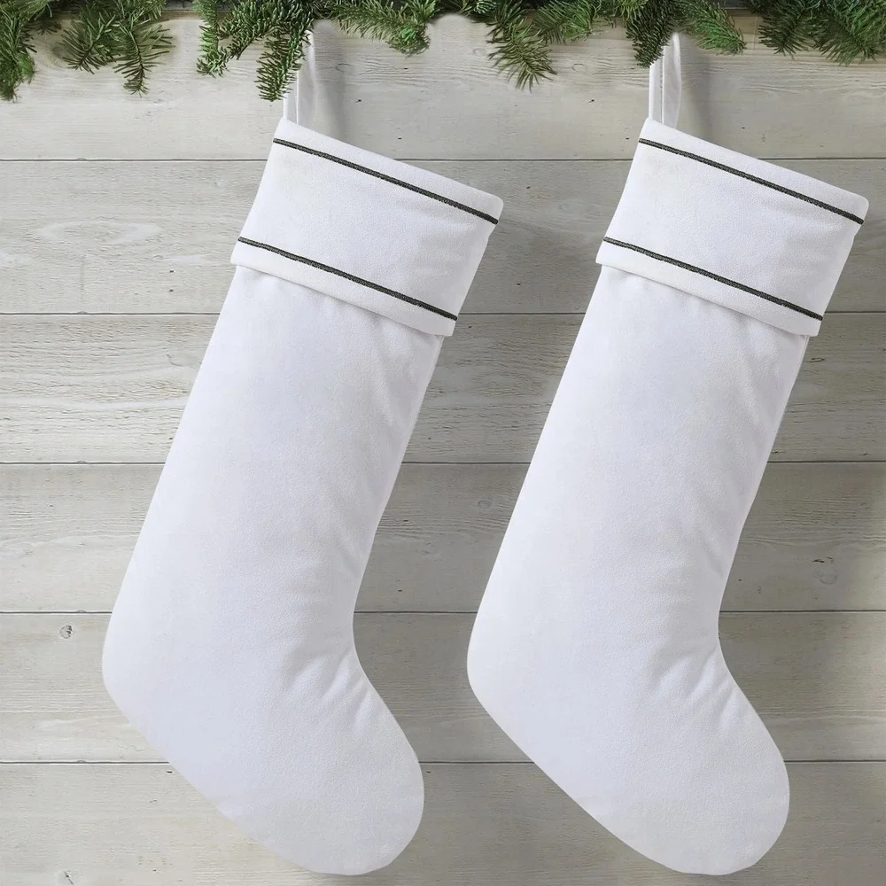 My Texas House Michelle White/Green Velvet Christmas Stockings – Set of 2, 20x10